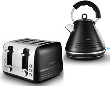 Image of TOWER ASH 1.7L 3KW PYRAMID KETTLE & 4 SLICE TOASTER SET BLACK CHROME ACCENTS