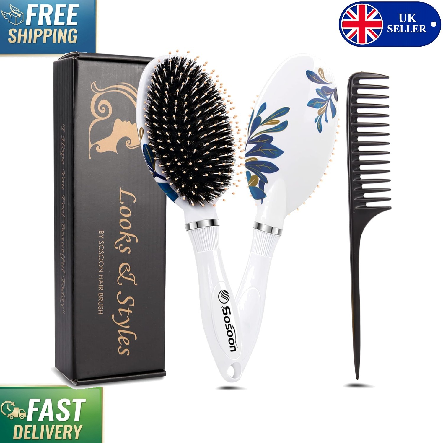 Natural Boar Bristle Detangling Hair Brush for Long & Wavy Hair - Oval & Stylish
