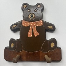 Vintage Teddy Bear Nursery Handmade Hand Painted Wall Hanger Pegs Hanging Brown