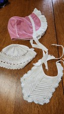 Vintage Infant Girls Cotton Hat, Hand Crocheted Bib, And Hat