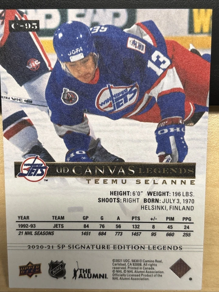 2020-21 20/21 SP Signature Edition Legends UD Canvas C-95 Teemu Selanne Jets - Image 2 of 2