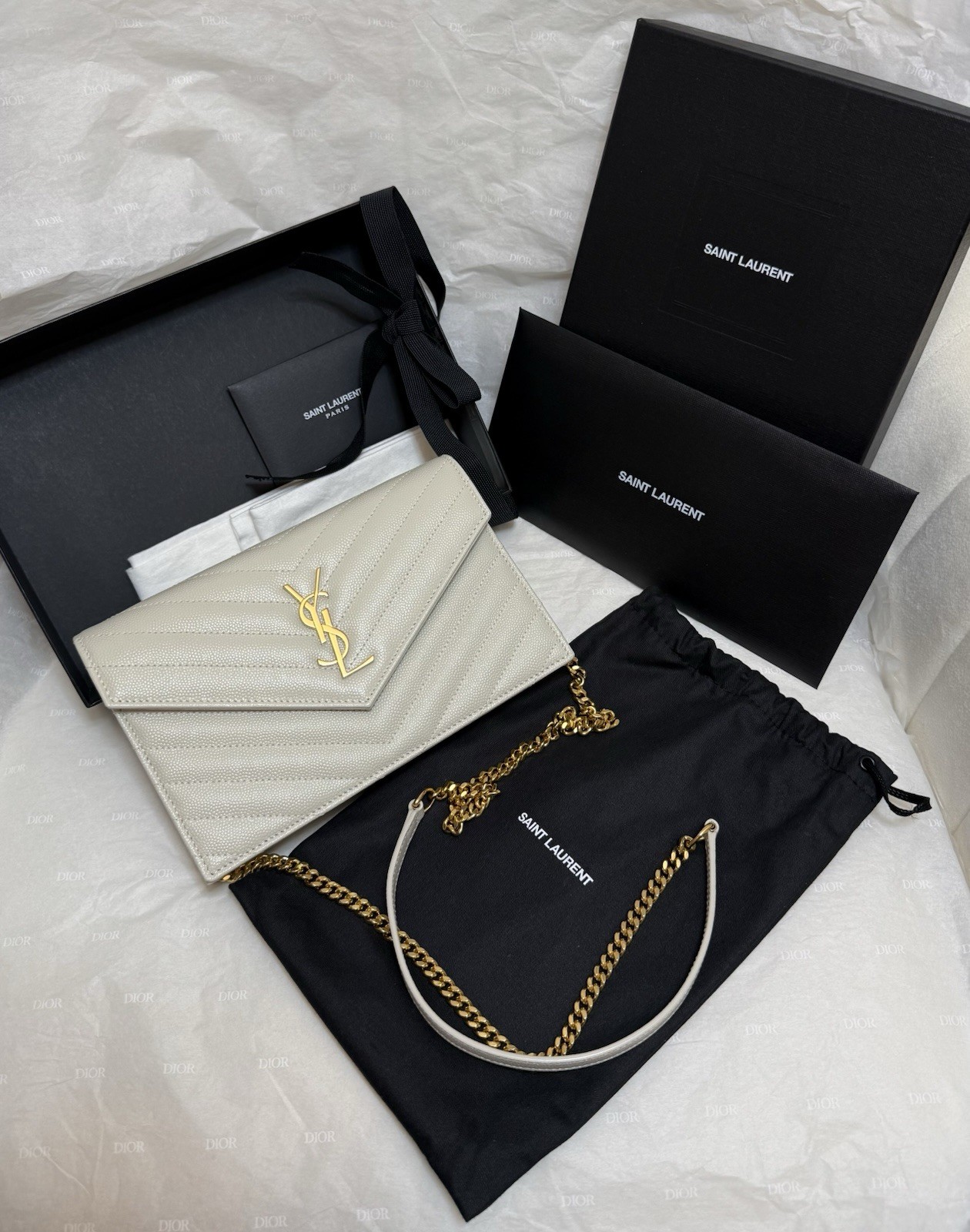 Saint Laurent Cassandre Envelope Chain Wallet Beige Grain Leather Gold Hardware