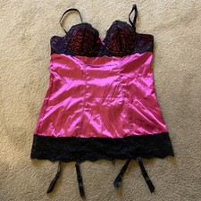 VINTAGE FREDERICK  S OF HOLLYWOOD PINK SATIN  BLACK LACE-UP CORSET/CHEMISE M