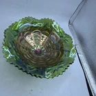 Vintage Green Carnival Glass Compote Scalloped Iridescent Pedestal Bowl 4”