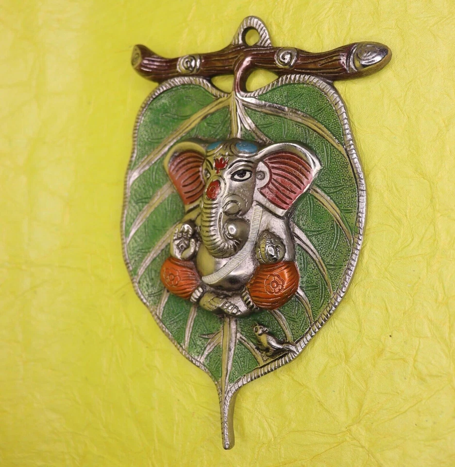 Lord Ganesh On Leaf Wall Decor Mask Statue Home Office Decor Metal Figurine - Bild 3 von 4