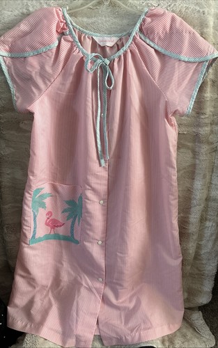 Vintage Women Duster House Coat Snaps Smocking Pockets Beach Cotton Blend Medium