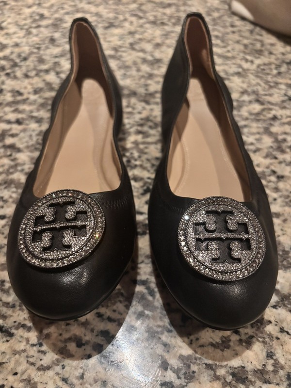 Tory Burch Black Leather Ballet Flats Womens US 7 M Slip-On Round Toe Logo