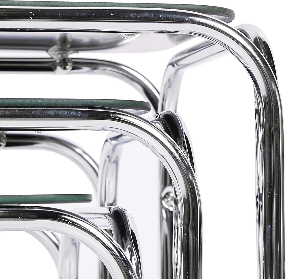 3pc Black Glass Nesting End Tables Set Modern Chrome Legs Living Room Furniture - Image 2 of 4