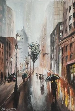 Original Watercolor Painting The Autumn City 8X12 in Cityscape Rain Urban Art