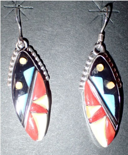 Multi Stone Cobble inlay Dangle Earrings with hook - Picture 2 of 5