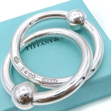 Tiffany & Co. Sterling Silver 1837 Double Ring Baby Rattle in Pouch and Box