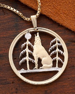 Wolf howling W/Trees Canada Cut Coin Pendant Necklace 1" diameter, ( # 56 )