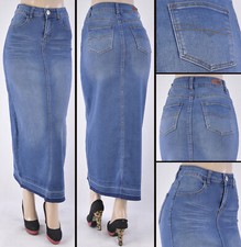 Women Stretch 5pocket Denim 37-38 long Skirt pencil no slit indigo wash WG-86319