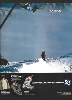 DC Shoe Co USA- SNOWBOARD foot/outerwear featuring Travis Rice: print ad 2002