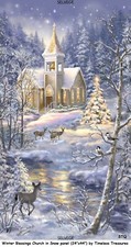 Twlight Winter Church Snow Deer Panel Cotton Quilt Fabric Timeless Treasure 7590