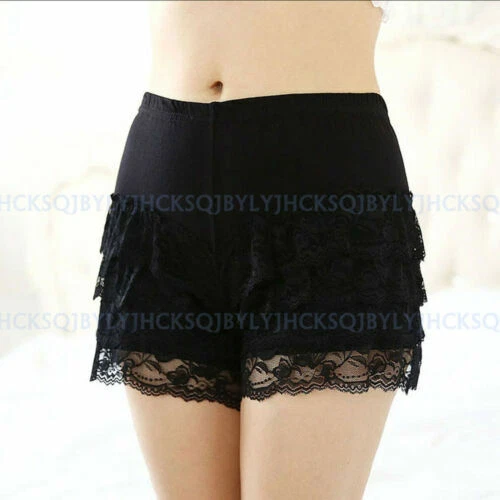 Lace Cotton Blend Black Shorts for Women