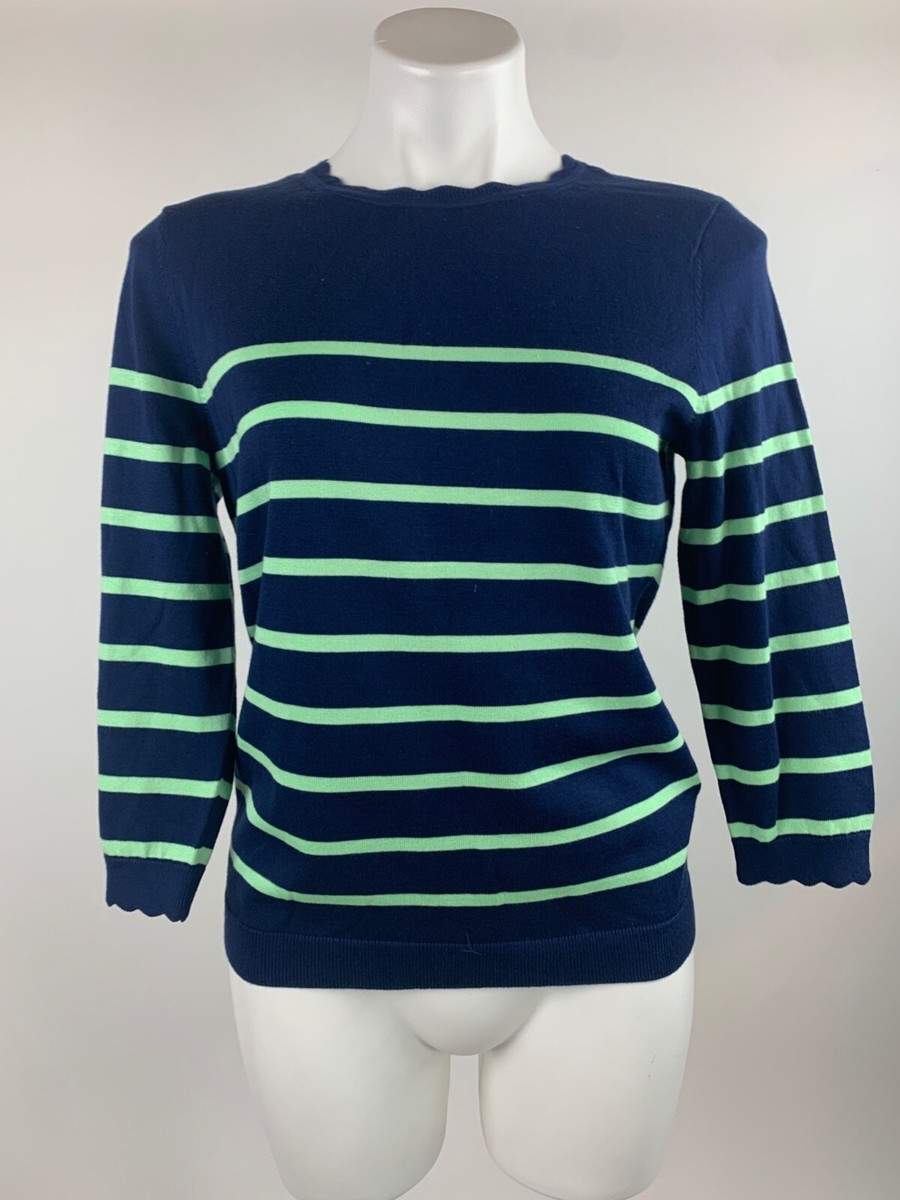NEW Lands' End Navy Blue Mint Green Striped Crew Neck Sweater