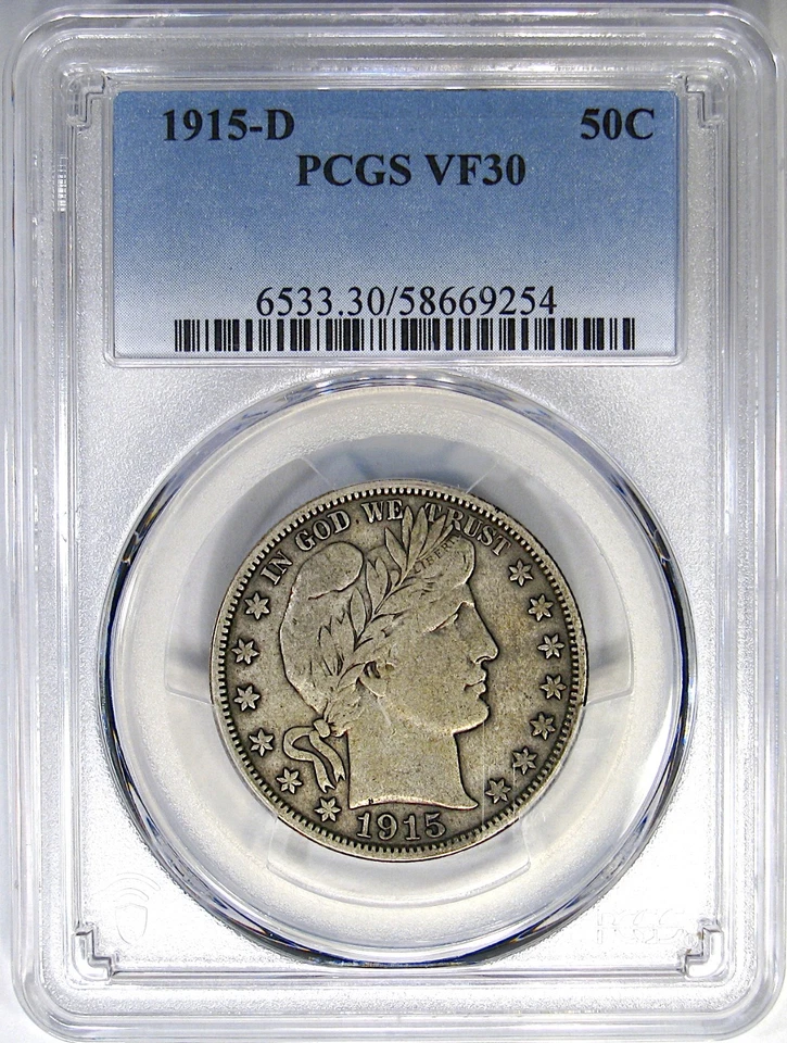 1915-D 50C PCGS VF30 BARBER HALF ~ EXCEPTIONALLY SMOOTH ORIGINAL! - Image 4 of 4