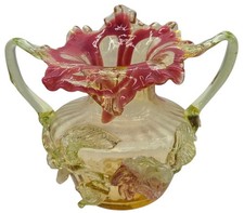 STEVENS & WILLIAMS VASELINE GLASS FLORAL DECORATED 2 HANDLED JIP VASE RIGAREE