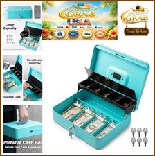 Large Cash Box with Key Lock Metal Money Box Locking Safe w/ Tray Cyan
