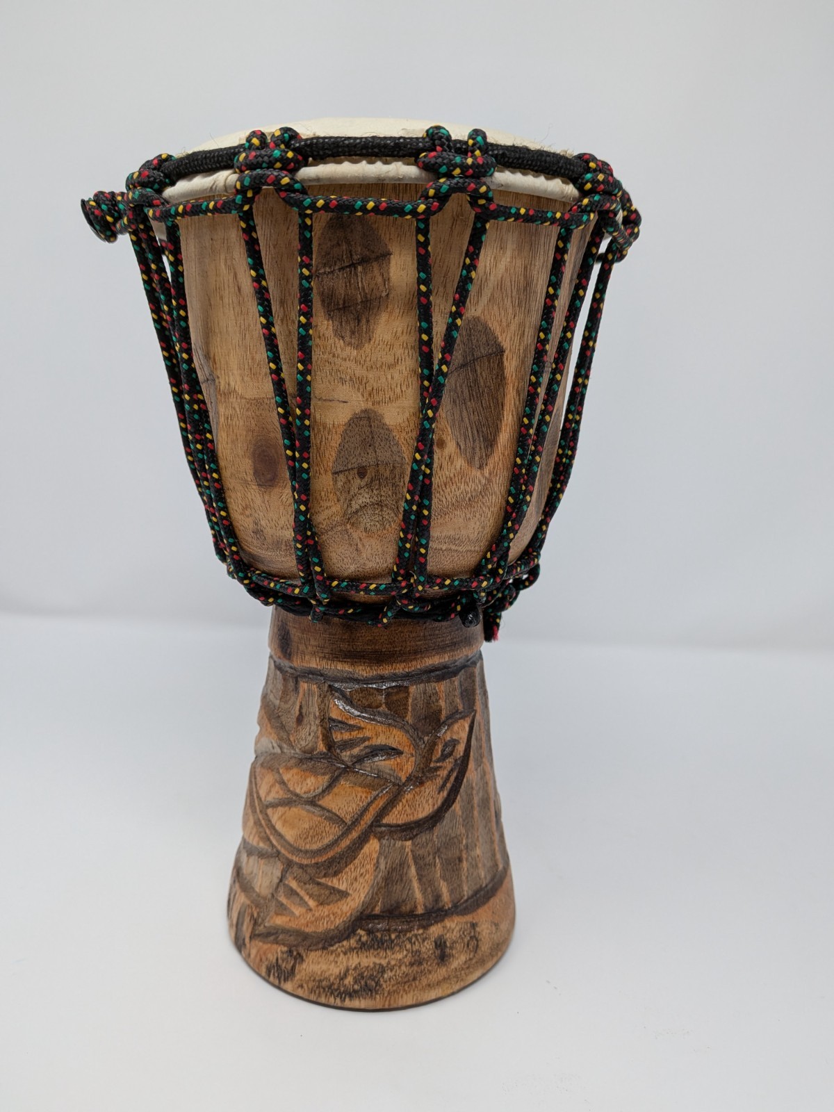 Hand Carved African Djembe Drum 6" Diameter Wood Rope Tuned Tribal Design Turtle