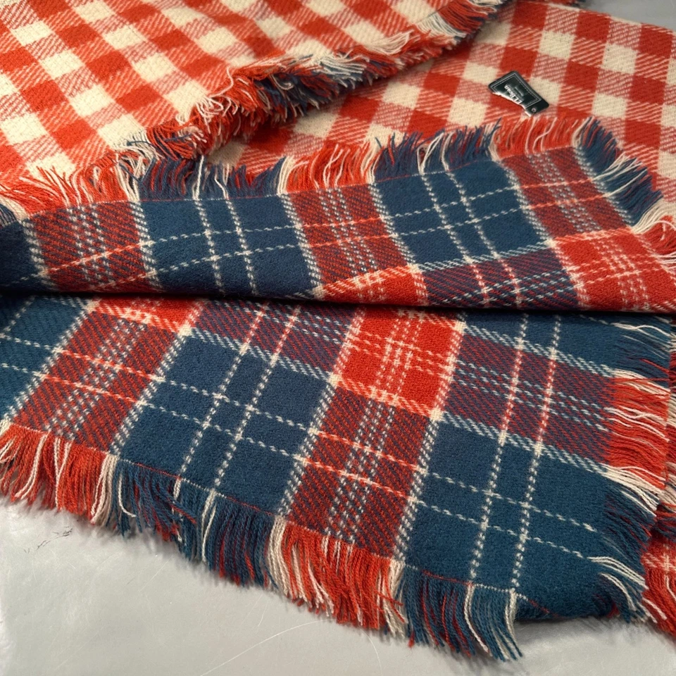 LL Bean Picnic Throw Blanket Plaid Fringe Patriotic Soft Red Blue White - Image 2 of 4