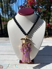 Santa Muerte Purple Gold Plated - Black Stone Adjustable Necklace - Rosary