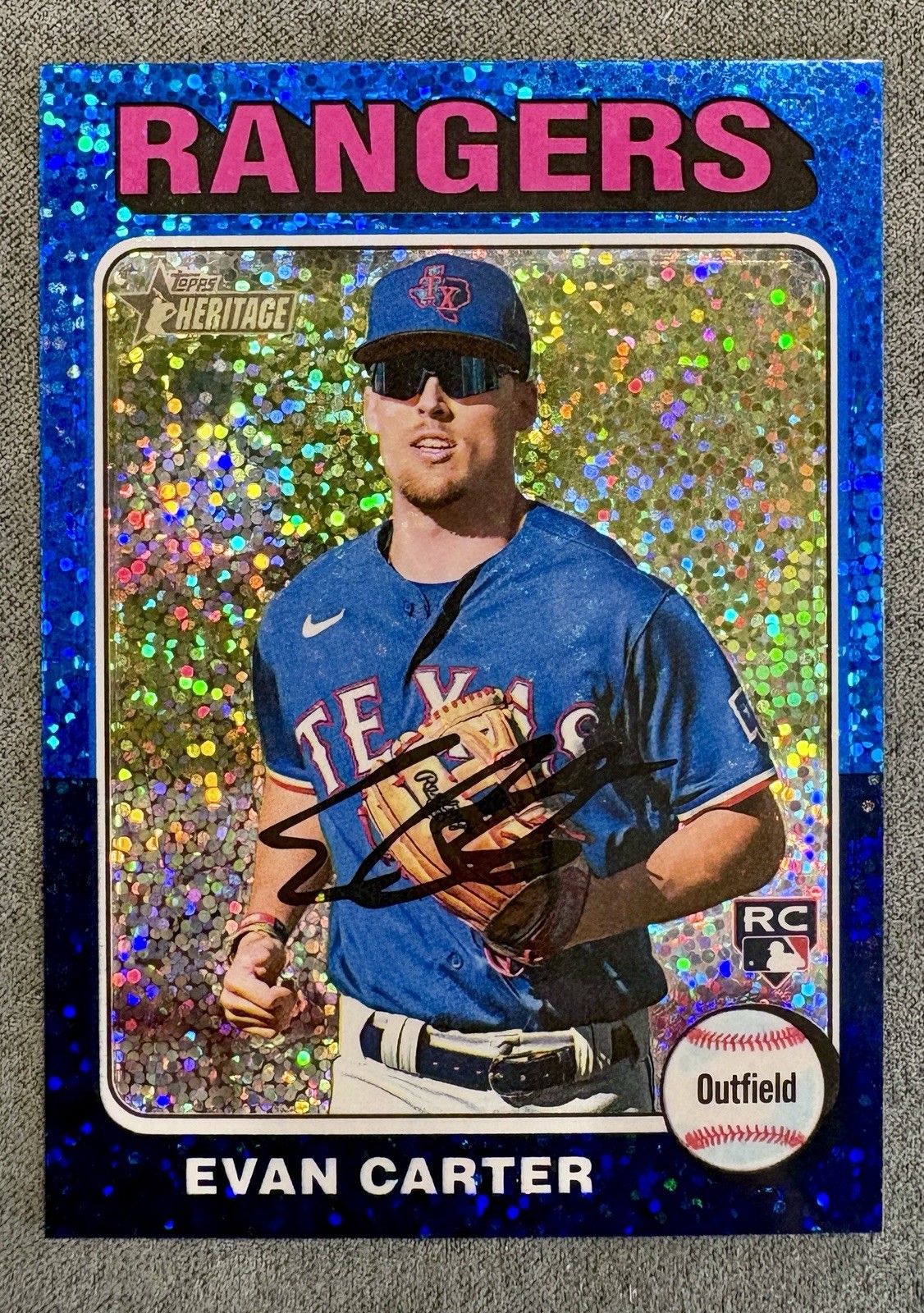 2024 Topps Heritage - Evan Carter RC - Chrome Blue Sparkle - Rangers COLOR MATCH