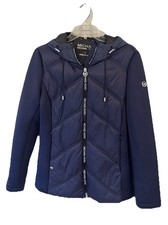 Michael Kors Jacket Womens Large Navy Blue Silver Hooded Quilted Puffer Coat