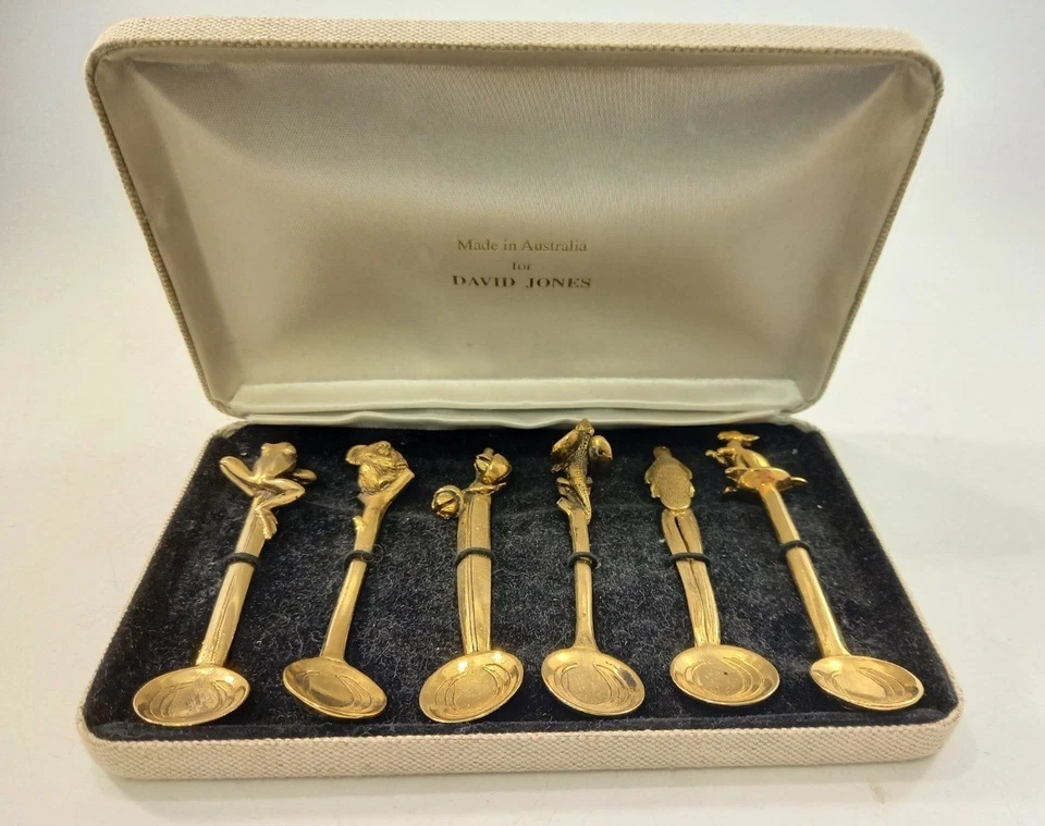 David Jones Gold Plated Spoons Set of 6 Animal Design Frog Koala Platypus Boxed - Image 1 of 4