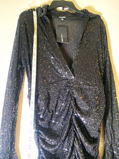 Fashion Nova Black Sequin Ruched V-Neck Long Sleeve Mini Dress Womens XL