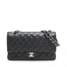 Chanel Matelasse 25 Caviar Skin Double Flap Double Chain Bag Black Silver Metal
