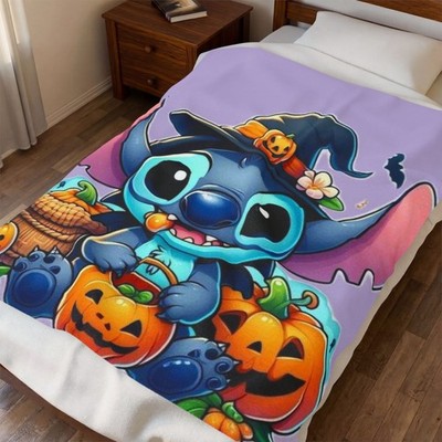 Cute Wizard Stitch Pumpkin Fleece Blanket, Gift For Disney Fan