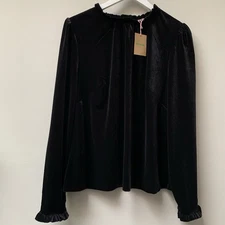 Boden Black Velvet Top Blouse Size UK 22 Frilled Neck Long Sleeve NEW TAGS