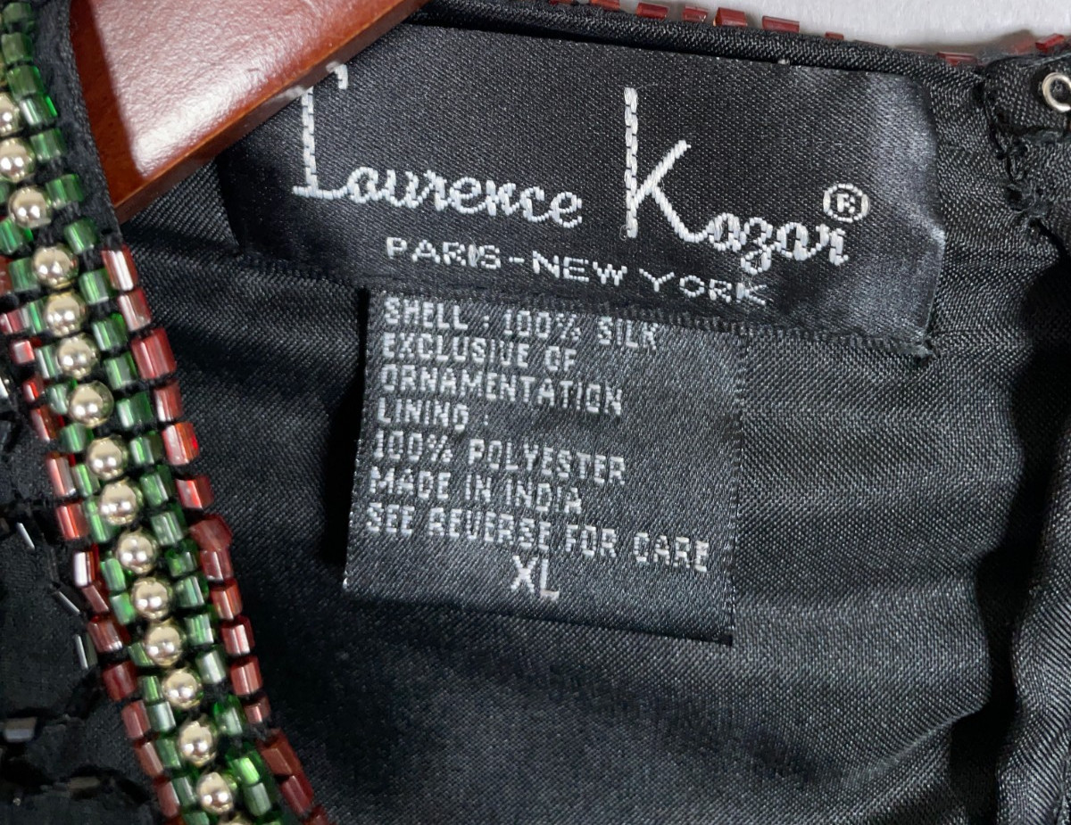 Laurence Kazar Beaded Sequin Top Women's Large Black Poinsettia Silk Holiday