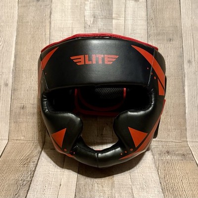 Elite Sports Muay Thai Boxing MMA Head Gear Fight University Black Red Excellent