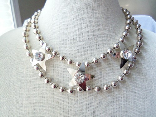 Collana catena perle doppia sfera stelle tono argento accento strass Italia - Foto 7 di 8
