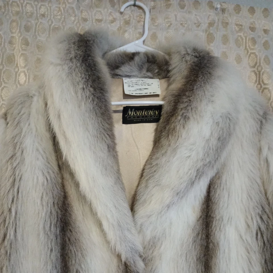 Abrigo largo de piel sintética vintage Monterey Fashions blanco/marrón talla pequeña hecho en EE. UU. Foto 3 de 4