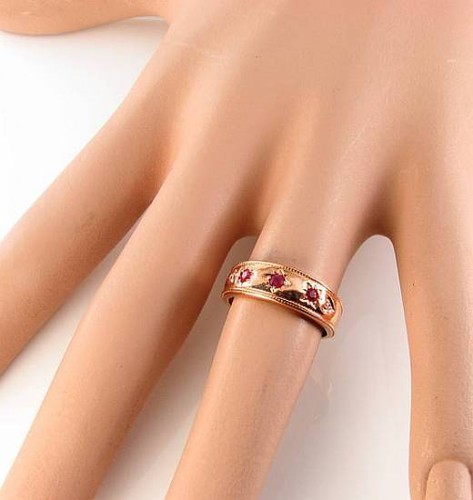 LARGE 9CT 9K ROSE GOLD GYPSY RUBY & DIAMOND BAND GIPSEY VINTAGE INS RING FREE Sz - 第 5/6 張圖片