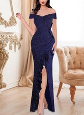 NWT $80 SIZE S NAVY BLUE SPARKLE VFSHOW Off Shoulder Ruched Ruffle Split DRESS