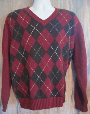 LL Bean Mens M Shetland Wool Argyle Sweater V-Neck Red Black 