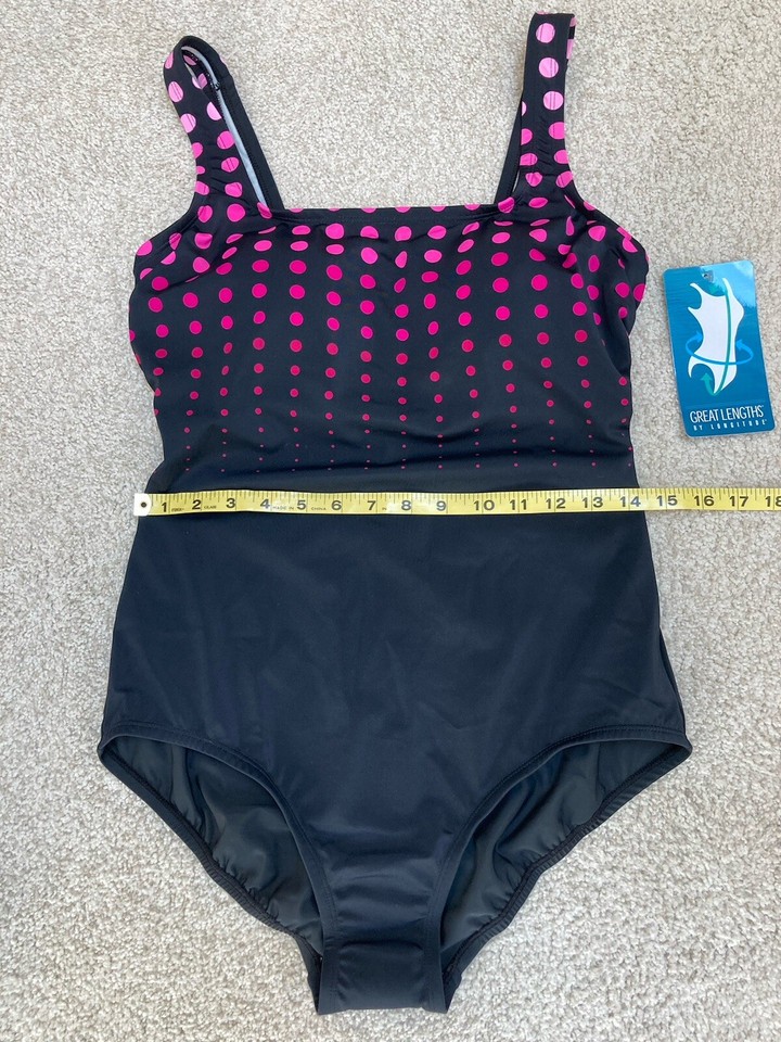Great Lengths by Longitude Size 14 Tank Swimsuit Black w Pink Polka