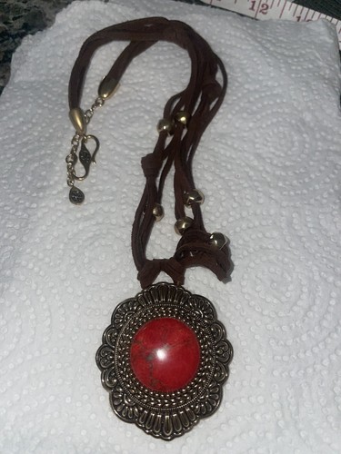 Vintage BARSE Brass Thailand Coral Pendant Necklace Brown Leather 20”Cord