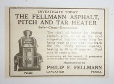 Anuncio de calentador de asfalto y alquitrán Fellmann 1925 Lancaster, Pennsylvania