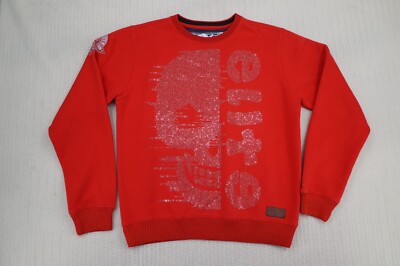 Elite Denim Sweatshirt Mens Small Red Skull Silver Jeweled Rhinestone Streetwear