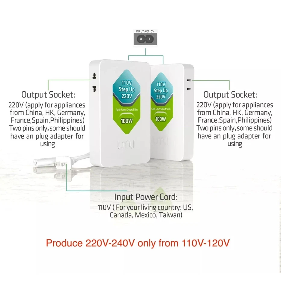UMI 100W 110V to 220V Step Up Voltage Converter for Europe & Asia 220-240V Ap... - Image 4 of 4