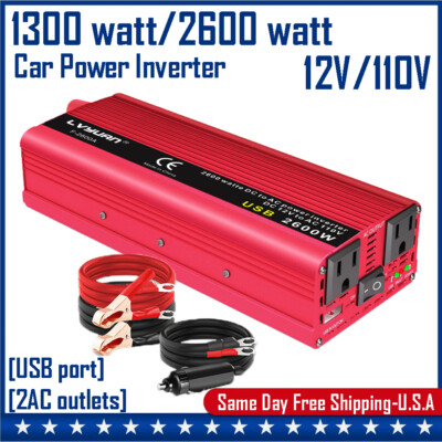 1300W 2600W Power Inverter DC 12V to AC 110V 120V Converter 2AC USB Camping Boat