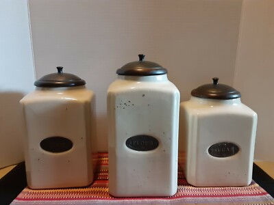 Set/ 3 Aged Cream Kitchen Canisters Wood Lids Brass Content Labels Food Safe