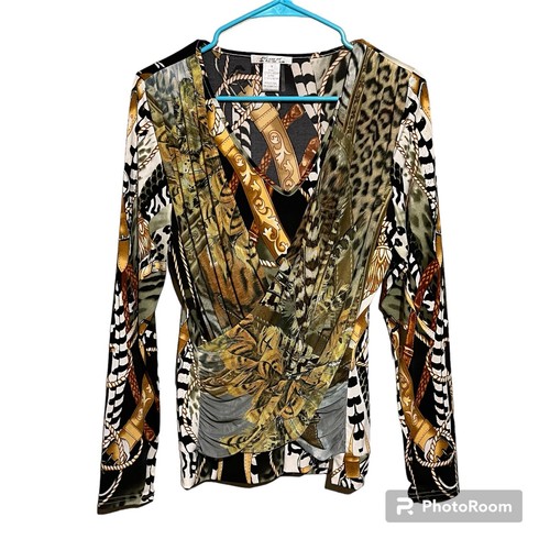Elysee 26 Women's Artsy Layered Top Faux Wrap Western Animal Print Tiger Size M