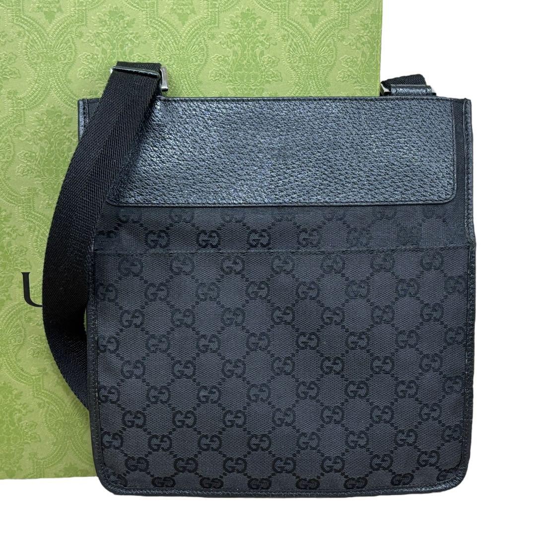 Gucci GG Canvas Black Leather Shoulder Bag Crossbody Authentic Pre-Owned